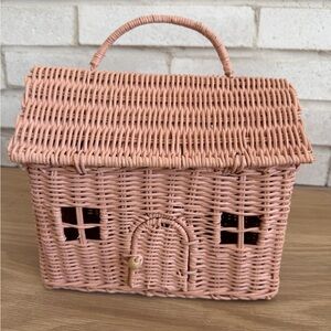 Olli Ella Pink Rattan Wicker Dollhouse Purse with Handle